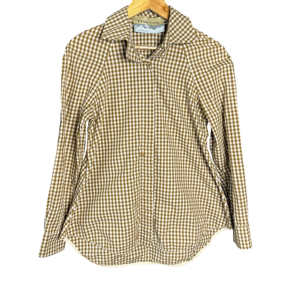 Tish Cox Shirt Womens S‎ Brown White Gingham Button-Up Western Casual Classic